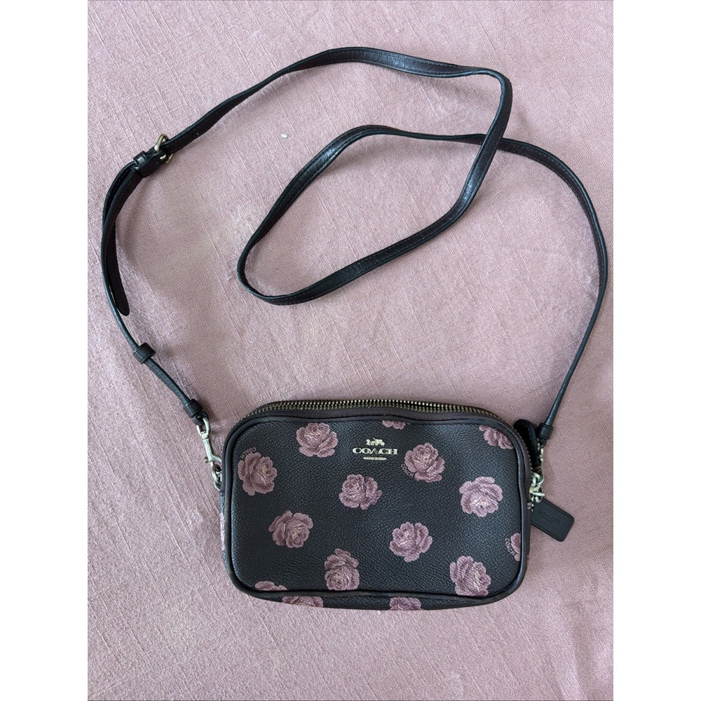 Coach 31826 Rose Print Leather Camera Crossbody Bag Brown Pink Floral Purse